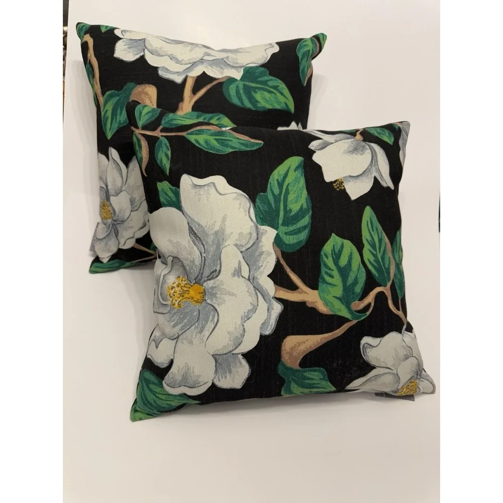 Pillow Perfect Magnolia Black Indoor Outdoor Decorative ~ Discontinued Pair